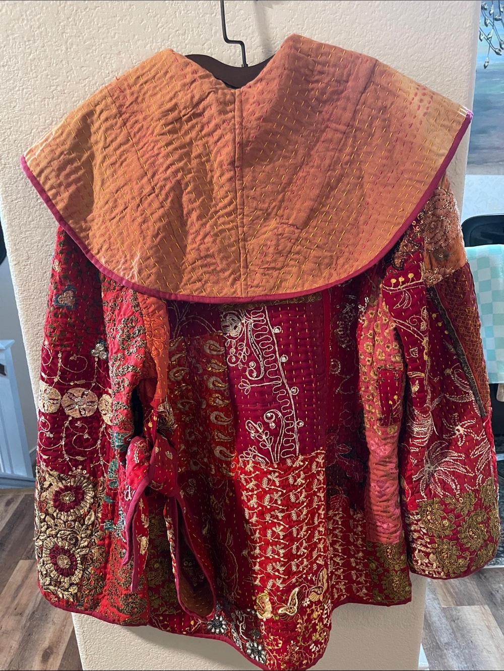 Red Patchwork Kantha Quilted Jacket with Embroidery XL-1X Kantha Jacket - Picture 15 of 15